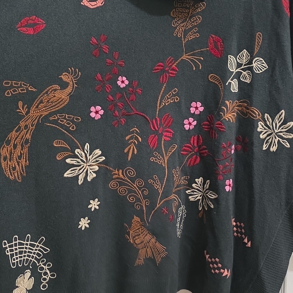 Johnny Was ZuZu Cape Floral Bird Embroidered Wool Cashmere Duster Sweater Hood - Picture 5 of 14